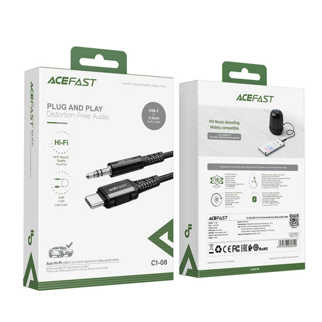 Кабель Acefast USB-C to 3.5mm Mini Jack 1.2m Black (C1-08-C-3,5mm Black)
