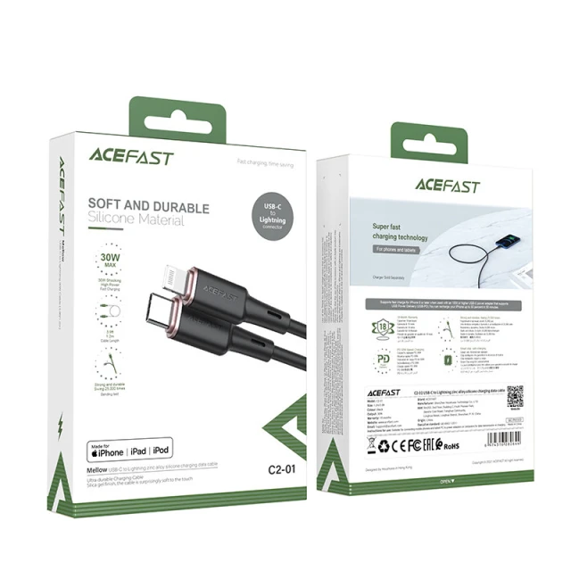 Кабель Acefast MFI USB-C to Lightning 1.2m 30W Black (C2-01 Black)