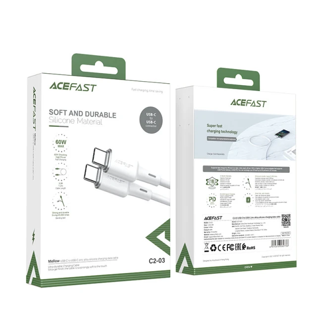 Кабель Acefast USB-C to USB-C 1.2m 60W White (C2-03White)