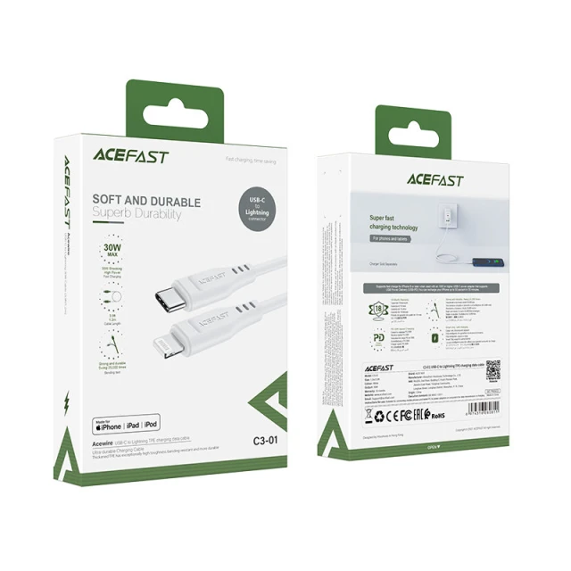 Кабель Acefast MFI USB-C to Lightning 1.2m 30W White (C3-01White)