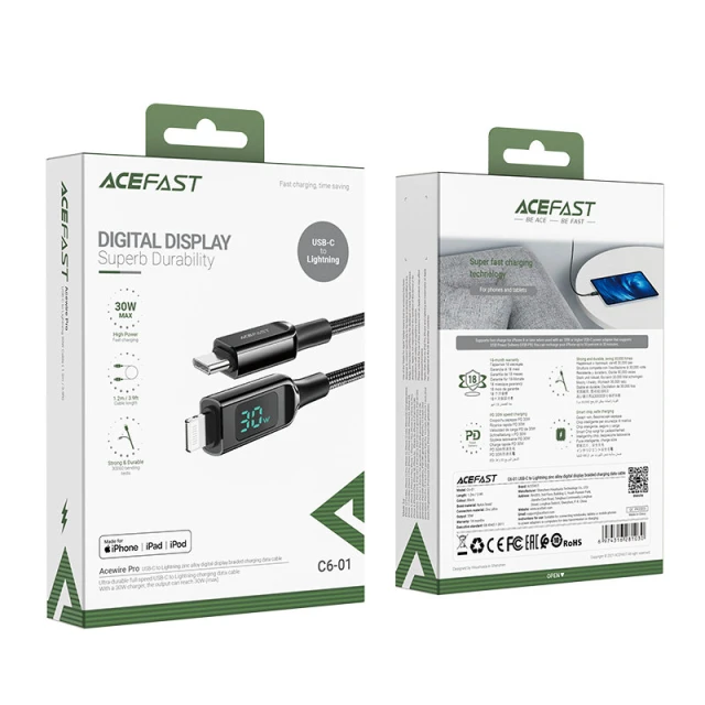 Кабель Acefast MFI USB-C to Lightning 1.2m 30W Black (C6-01 Black)