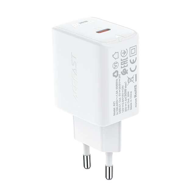 Мережевий зарядний пристрій Acefast A21 QC 30W USB-C White (A21 white)
