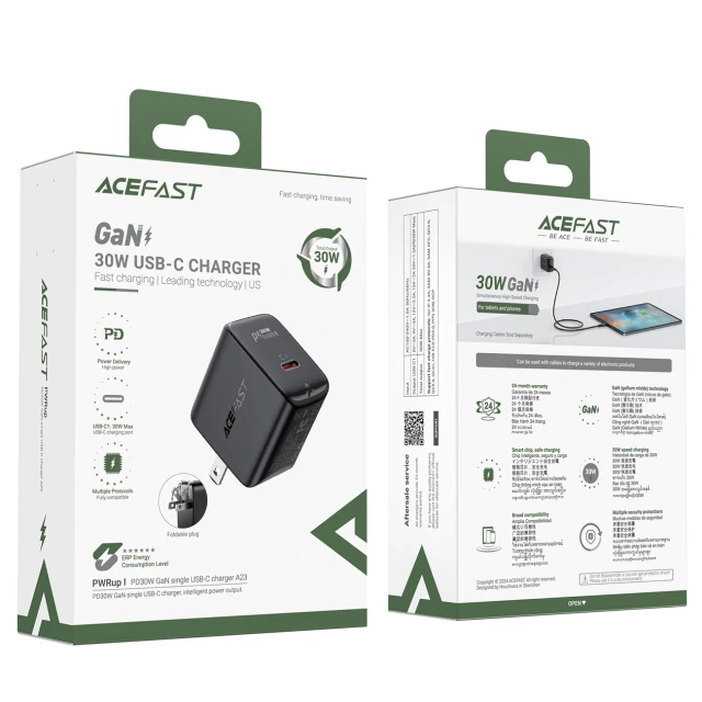 Зарядний пристрій Acefast A23 GaN USB-C 30W US Black (6974316281153)
