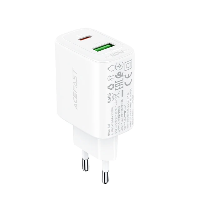 Мережевий зарядний пристрій Acefast A25 QC 20W USB-C | USB-A White (A25 white)