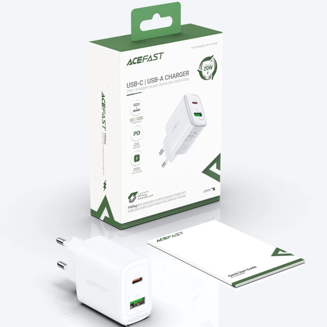 Мережевий зарядний пристрій Acefast A25 QC 20W USB-C | USB-A White (A25 white)