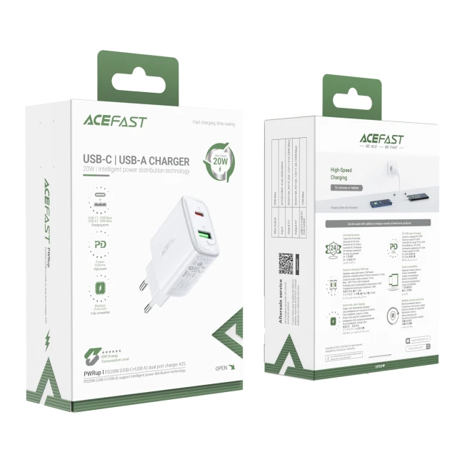 Мережевий зарядний пристрій Acefast A25 QC 20W USB-C | USB-A White (A25 white)