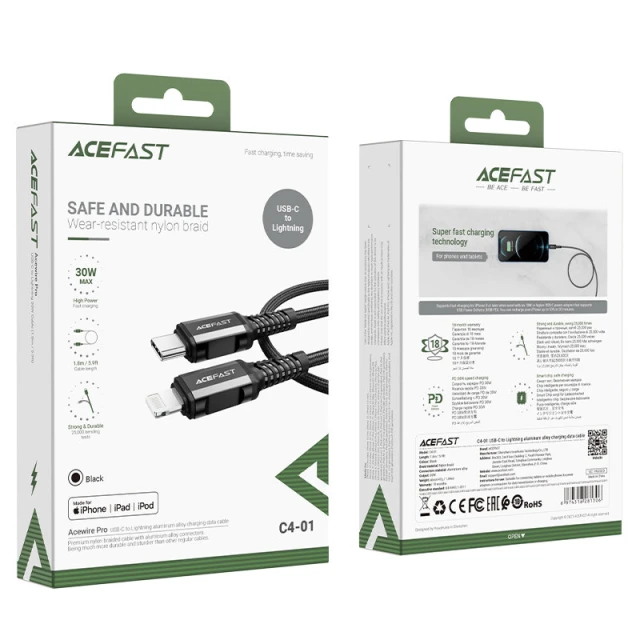 Кабель Acefast MFI USB-C to Lightning 1.8m 30W Black (C4-01 C Black)