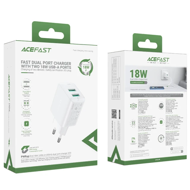 Мережевий зарядний пристрій Acefast A33 QC 18W 2xUSB-А White (A33 white)