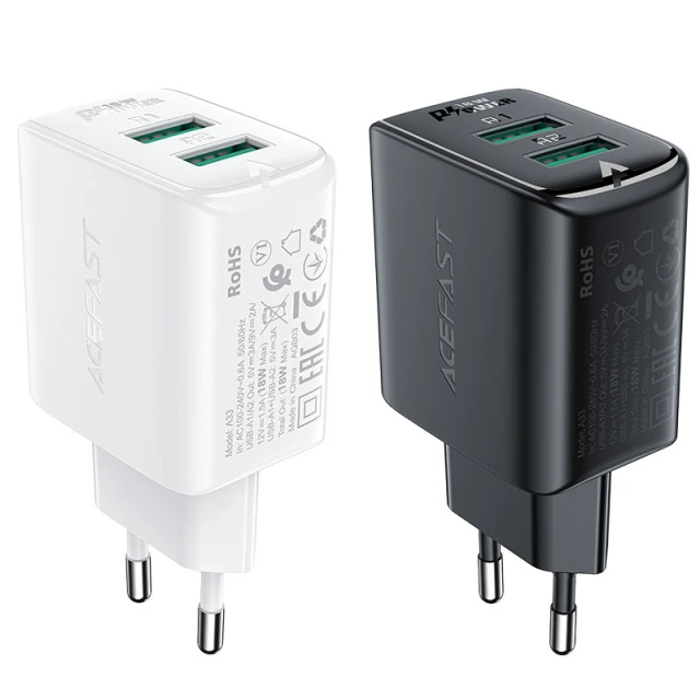 Мережевий зарядний пристрій Acefast A33 QC 18W 2xUSB-А White (A33 white)