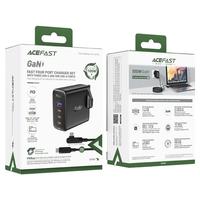 Мережевий зарядний пристрій Acefast A40 UK 100W 3xUSB-C | USB-A with USB-C to USB-C Cable Black (A40)