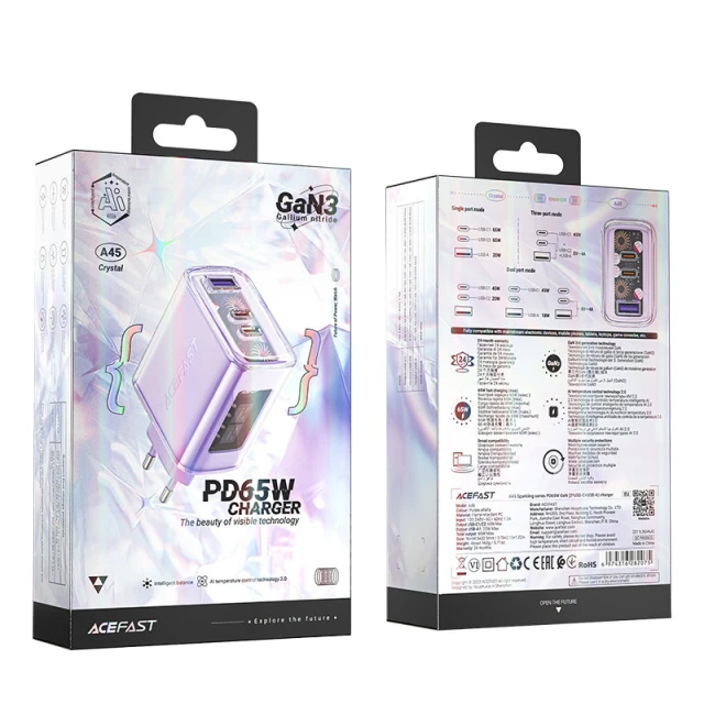 Мережевий зарядний пристрій Acefast A45 65W 2xUSB-C | USB-A Purple Alfalfa (A45-purple)