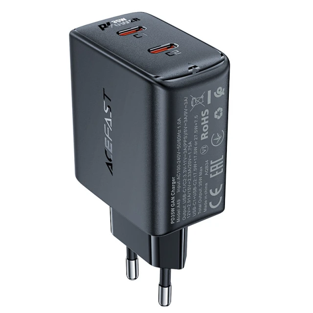 Мережевий зарядний пристрій Acefast A49 35W 2xUSB-C Black (A49)