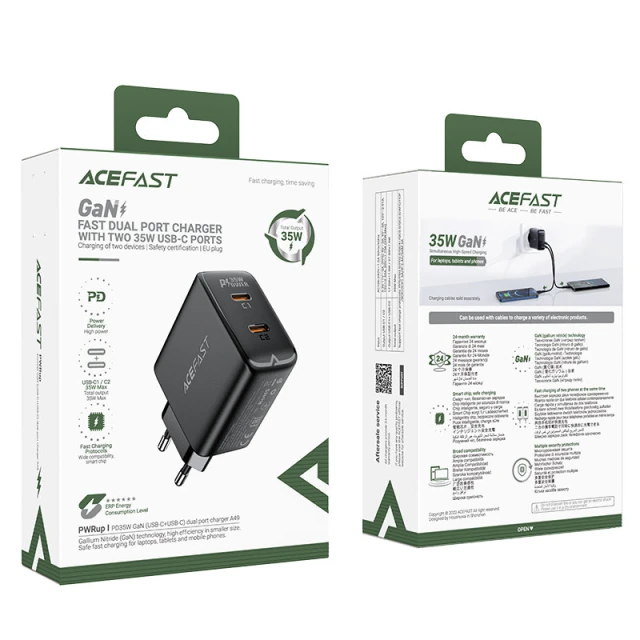 Мережевий зарядний пристрій Acefast A49 35W 2xUSB-C Black (A49)