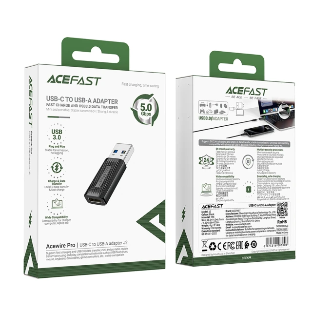 Перехідник Acefast J2 USB-C 3.0 Female на USB-A 3.0 Male 5Gb/s Black (6974316283003)