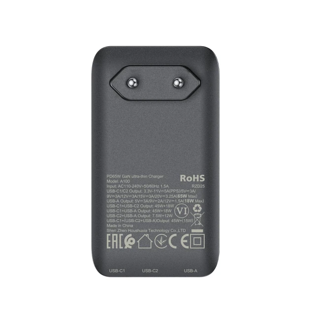 Зарядний пристрій Acefast A100 65W GaN 2 USB-C + USB-A Black (6974316283492)