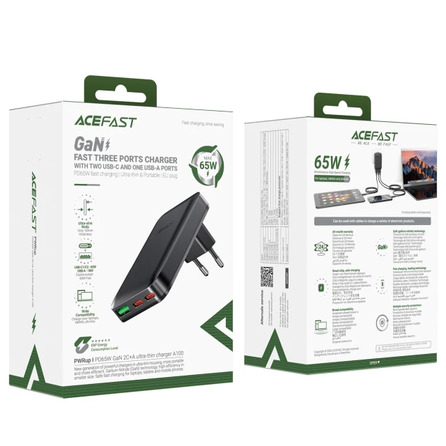 Зарядний пристрій Acefast A100 65W GaN 2 USB-C + USB-A Black (6974316283492)