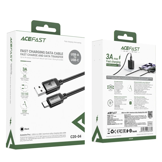 Кабель Acefast C20-04 USB-A - USB-C 480Mb/s 3A 1.2m Black (6974316283782)