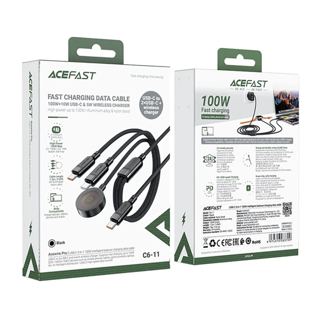 Кабель 3в1 Acefast C6-11 USB-C - 2x USB-C / Qi 480Mb/s 100W 1.2m Black (6974316283799)