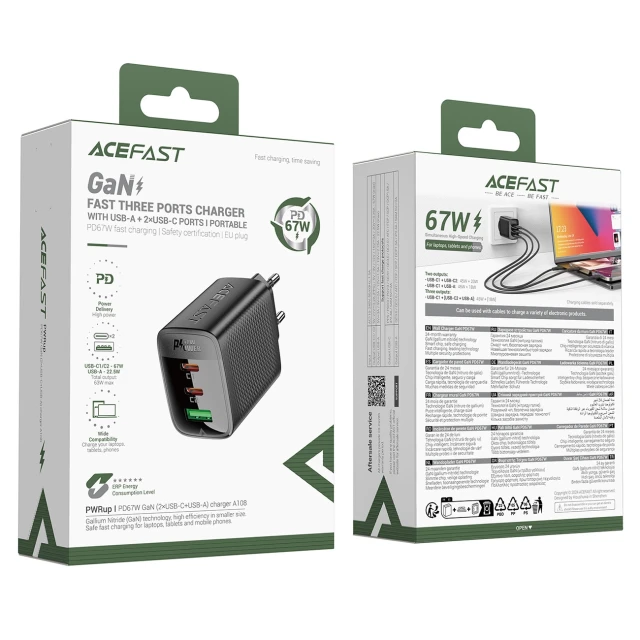 Зарядний пристрій Acefast A108 GaN PD 67W 2xUSB-C 1xUSB-A Black (6974316284048)