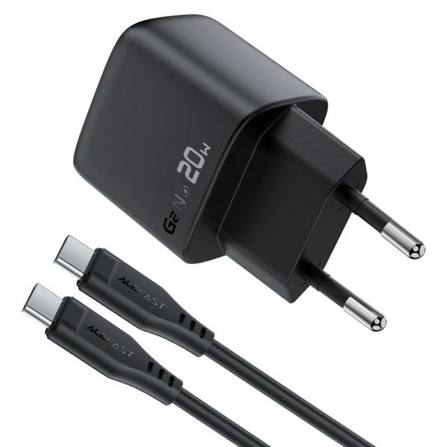 Мережевий зарядний пристрій Acefast A113 GaN PD 20W USB-C з дисплеєм з кабелем USB-C Black (Acefast A113)
