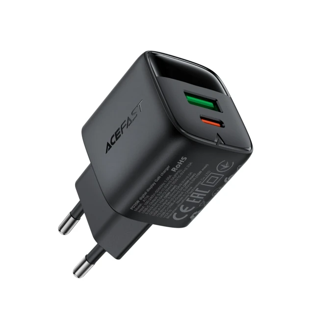 Мережевий зарядний пристрій Acefast A116 GaN PD 35W USB-A USB-C з дисплеєм Black (Acefast A116)