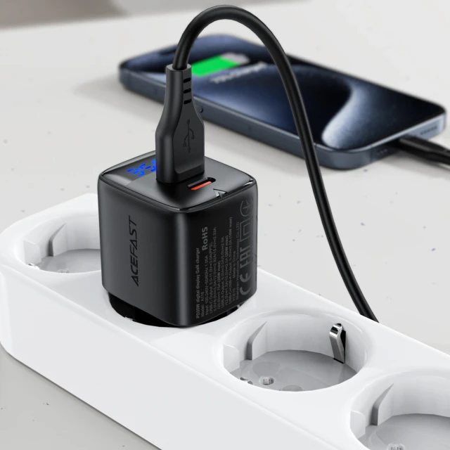 Мережевий зарядний пристрій Acefast A116 GaN PD 35W USB-A USB-C з дисплеєм Black (Acefast A116)