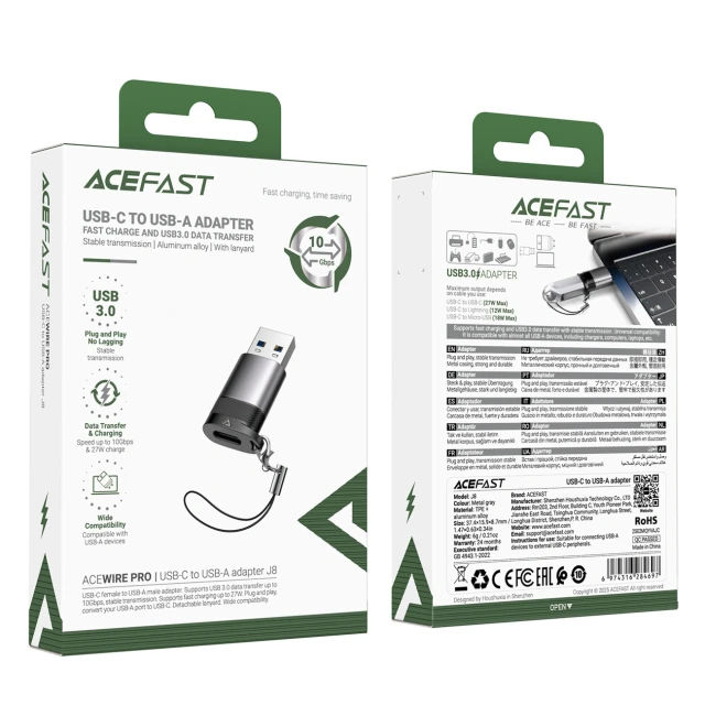 Адаптер Acefast J8 USB-C на USB-A Grey (6974316284697)