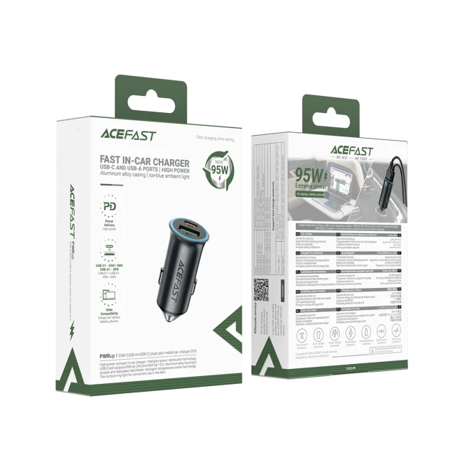 Автомобільний зарядний пристрій Acefast B16 95W USB-A + USB-C Grey (6974316284970)