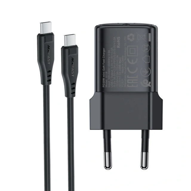Зарядний пристрій Acefast A118 30W GaN USB-C з кабелем USB-C - USB-C 1.2m Black (6974316285175)