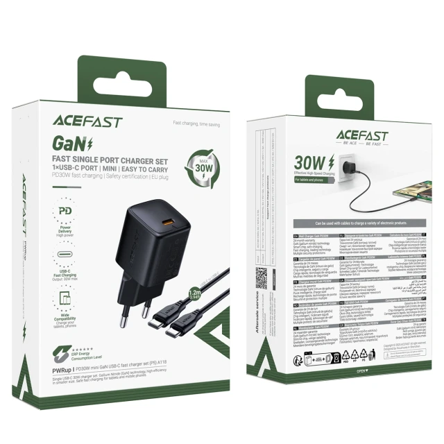 Зарядний пристрій Acefast A118 30W GaN USB-C з кабелем USB-C - USB-C 1.2m Black (6974316285175)