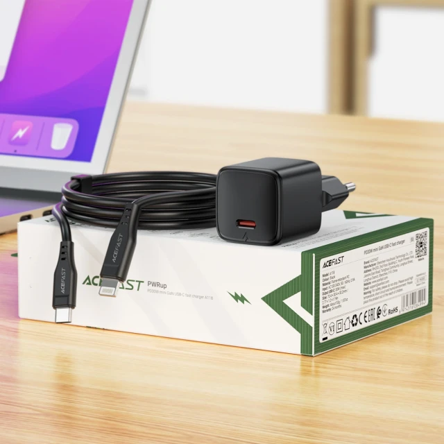 Мережевий зарядний пристрій Acefast A118 30W GaN USB-C з кабелем USB-C to Lightning 1.2м Black (6974316285182)