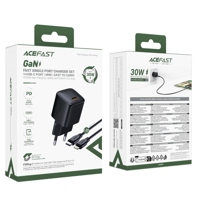 Мережевий зарядний пристрій Acefast A118 30W GaN USB-C з кабелем USB-C to Lightning 1.2м Black (6974316285182)