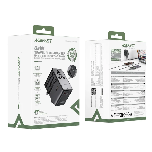 Адаптер Acefast Z8 GaN 45W 3x USB-C + 2x USB-A з AC 2500W Black (6974316285403)