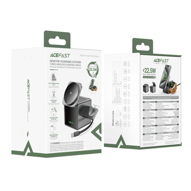 Беспроводная зарядка Acefast E34 22.5W 3в1 со встроенным кабелем Grey (6974316285632)