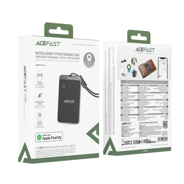 Bluetooth-трекер Acefast S3 у вигляді картки сумісний з Apple Find My Grey (6974316285694)