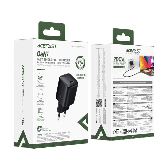 Зарядний пристрій Acefast A134 67W GaN USB-C Black (6974316285717)