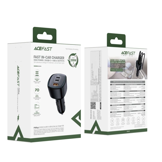 Автомобільний зарядний пристрій Acefast B18 200W 2x USB-C + USB-A Black (6974316285953)