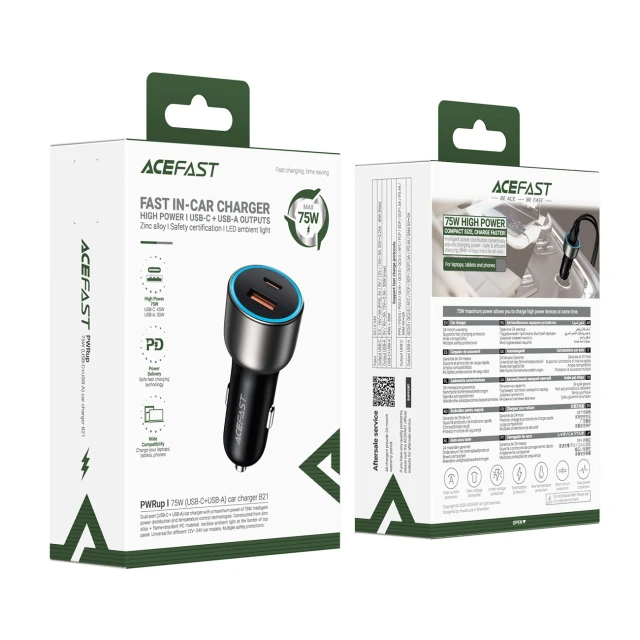 Автомобільний зарядний пристрій Acefast B21 75W USB-C + USB-A Black (6974316286684)