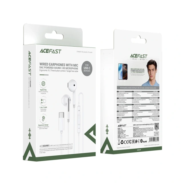 Навушники Acefast L13 провідні USB-C з мікрофоном White (6974316286691)