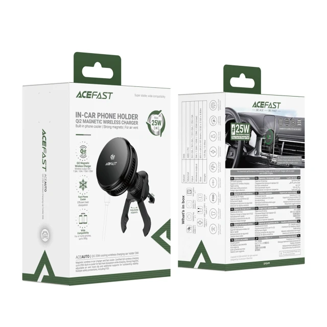 Автодержатель Acefast D66 с беспроводной зарядкой Qi2 25W и охлаждением Black (6974316286769)