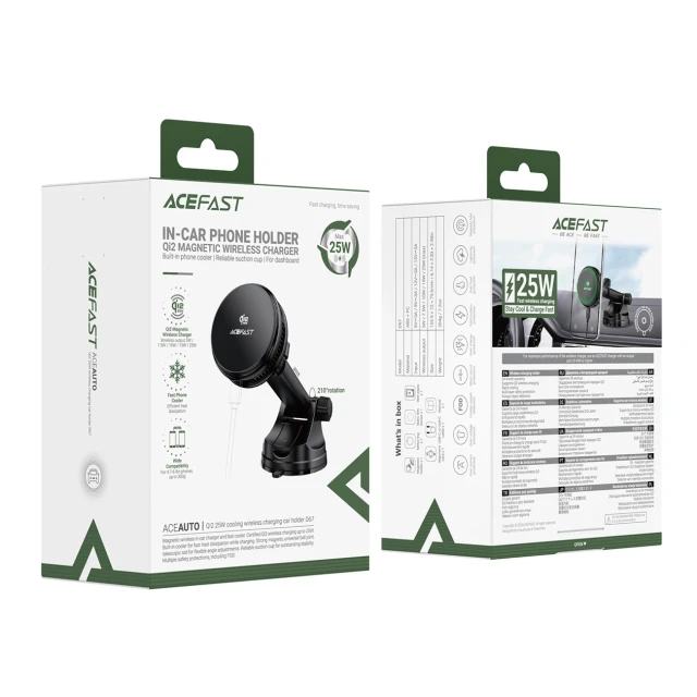 Автотримач Acefast D67 з бездротовою зарядкою Qi2 25W та охолодженням Black (6974316286776)