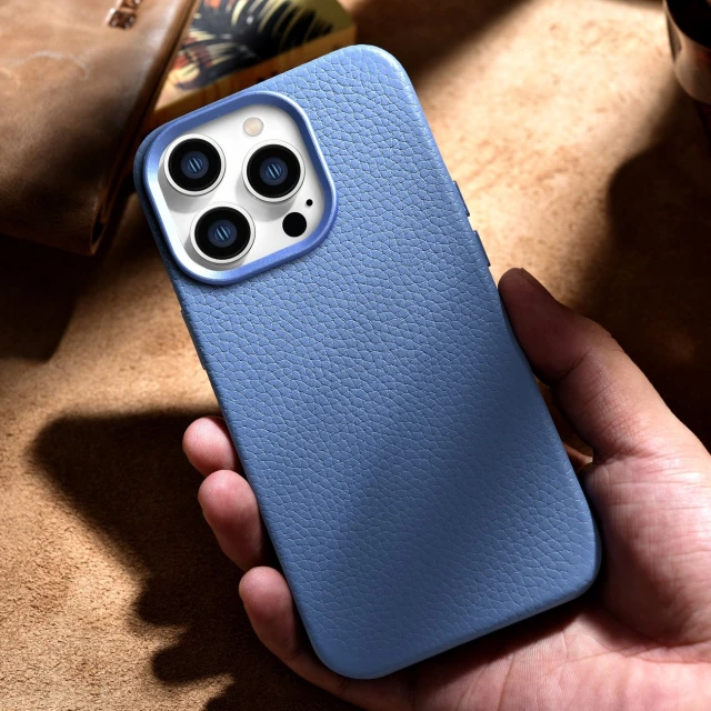 Чохол iCarer Litchi Premium Leather Case для iPhone 14 Pro Max Light Blue with MagSafe (WMI14220712-LB)