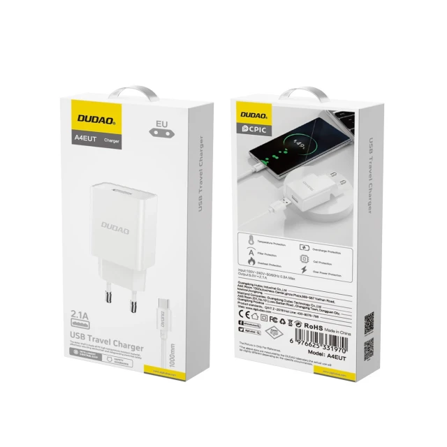 Зарядний пристрій Dudao A4EU USB-A 2.1A White + кабель USB-A - micro USB (6976625331970)
