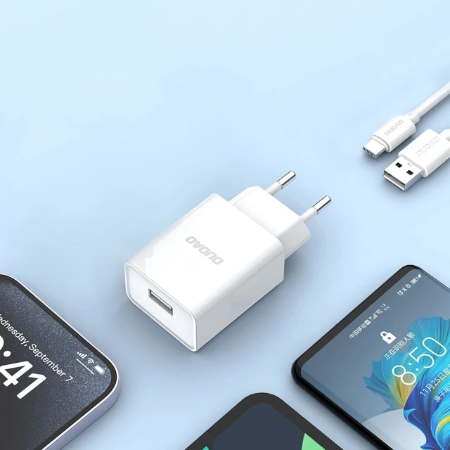 Зарядний пристрій Dudao A4EU USB-A 2.1A White + кабель USB-A - micro USB (6976625331970)