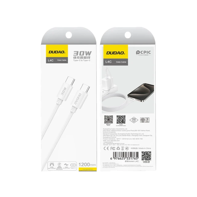 Кабель Dudao L4C USB-C / USB-C 30W 2m White (L4C 2m)
