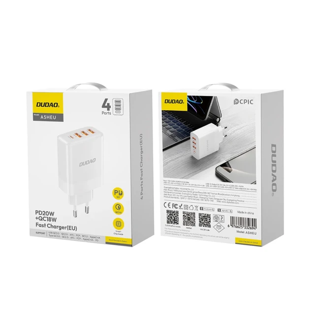 Зарядний пристрій Dudao A5HEU 3x USB-A 1x USB-C PD20W White (A5HEU_upgrade)