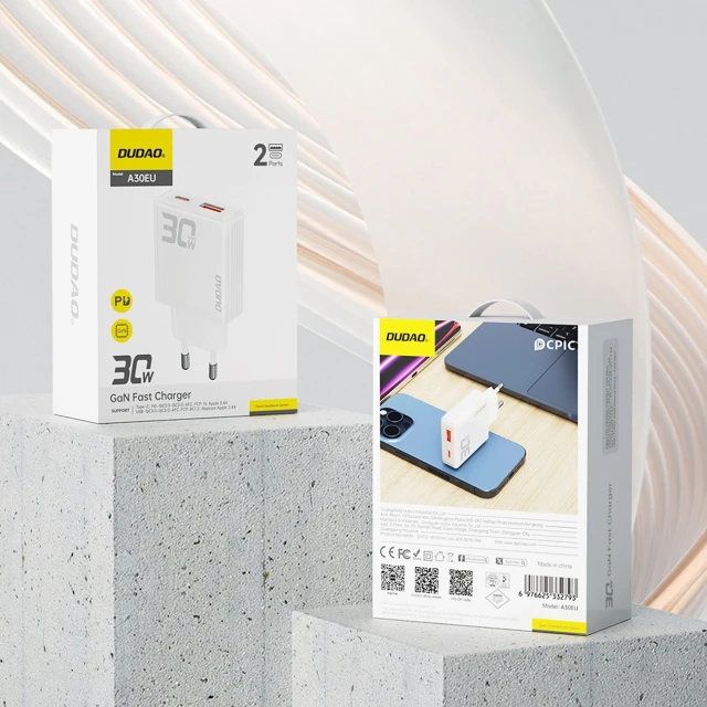 Мережевий зарядний пристрій GaN Dudao A30EU 30W USB-A / USB-C White (6976625332793)