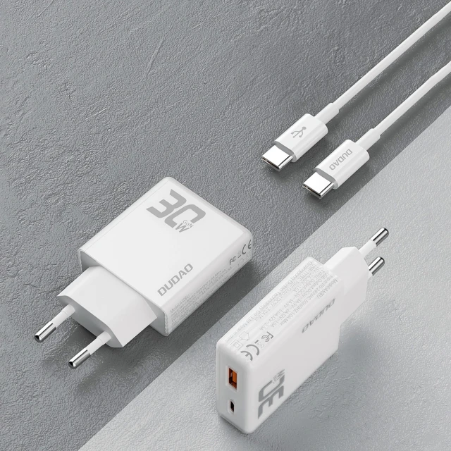 Зарядний пристрій GaN Dudao A30EUT 30W USB-A / USB-C + кабель USB-C - USB-C White (6976625332809)
