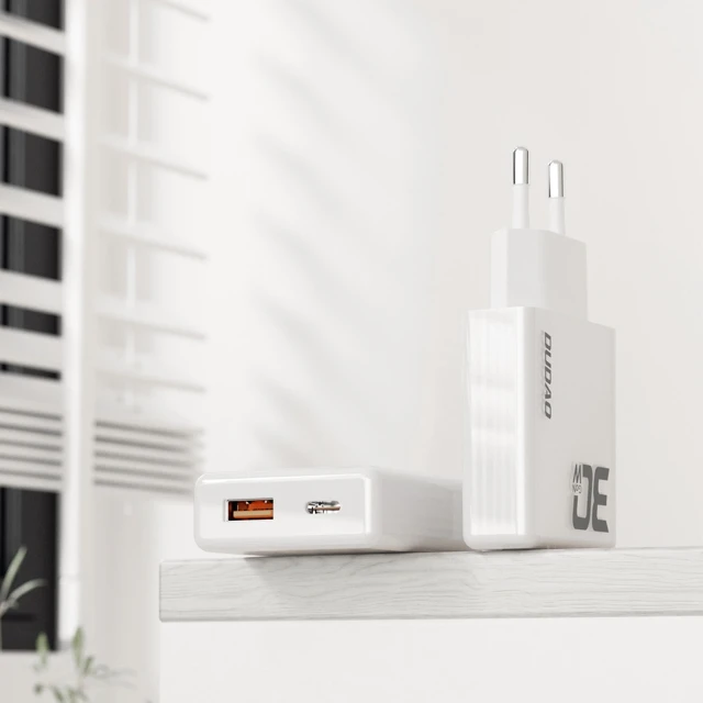 Зарядний пристрій GaN Dudao A30EUT 30W USB-A / USB-C + кабель USB-C - USB-C White (6976625332809)
