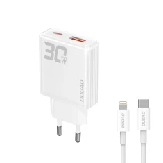 Мережевий зарядний пристрій GaN Dudao A30EUL 30W USB-A / USB-C + кабель USB-C - Lightning White (6976625332816)